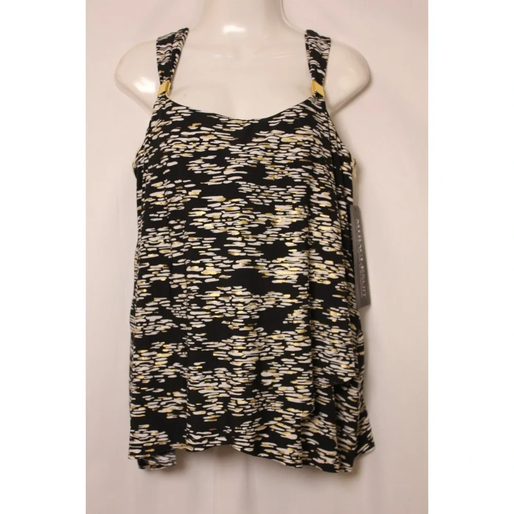 NWT Miraclesuit Zari Dazzle Tankini Top Size 16 Black Gold White Shaping Swim